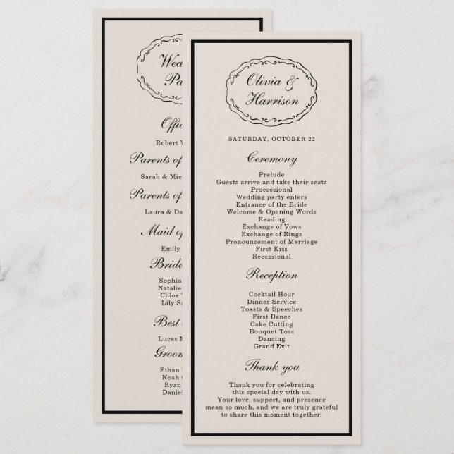 Black Tie Wedding Classic Program Card (Fram/baksida)