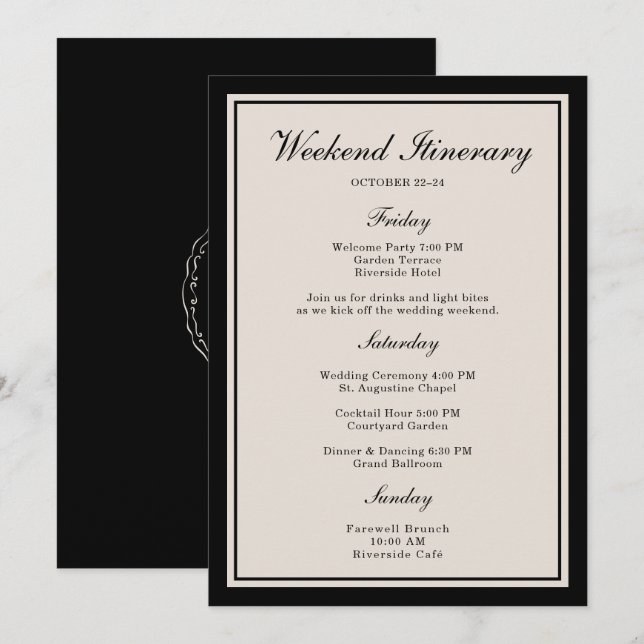 Black Tie Wedding Weekend Itinerary Card Inbjudningar (Fram/baksida)