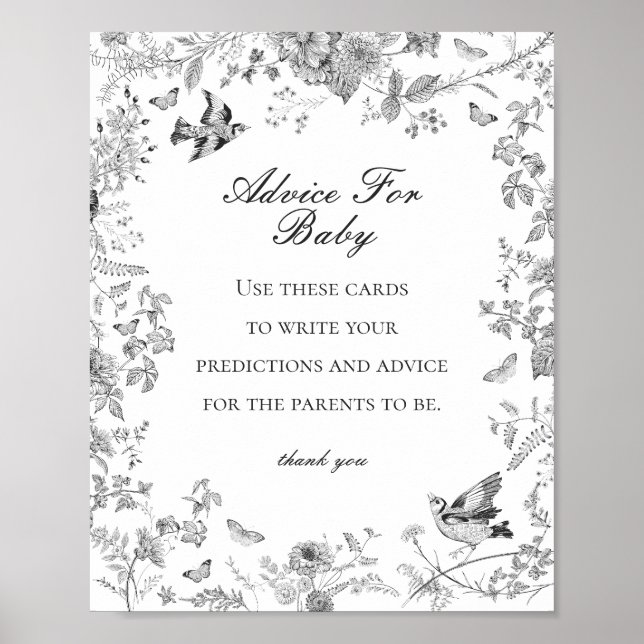 Black Toile de Jouy Advice for Baby Shower Game Poster (Framsidan)