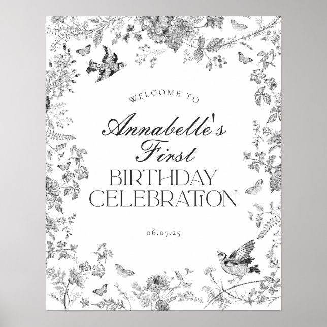 Black Toile de Jouy Blommigt Birthday Välkomstskyl Poster (Framsidan)