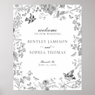 Black Toile De Jouy Blommigt Bröllop Välkomstskylt Poster