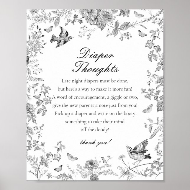 Black Toile De Jouy Diaper Thoughts Baby Shower Poster (Framsidan)
