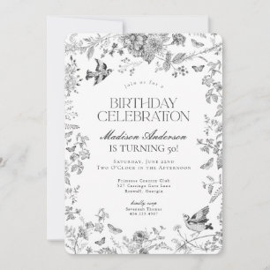 Black Toile De Jouy Fransk Blommigt Födelsedagsfes Inbjudningar