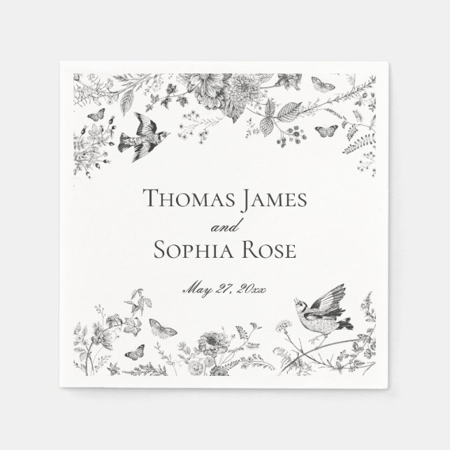 Black Toile De Jouy Vintage Blommigt Bröllop Pappersservett (Framsidan)