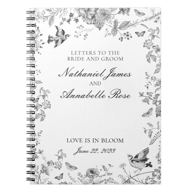 Black Toile De Jouy Wedding Letters Bride & Groom Anteckningsbok (Framsidan)