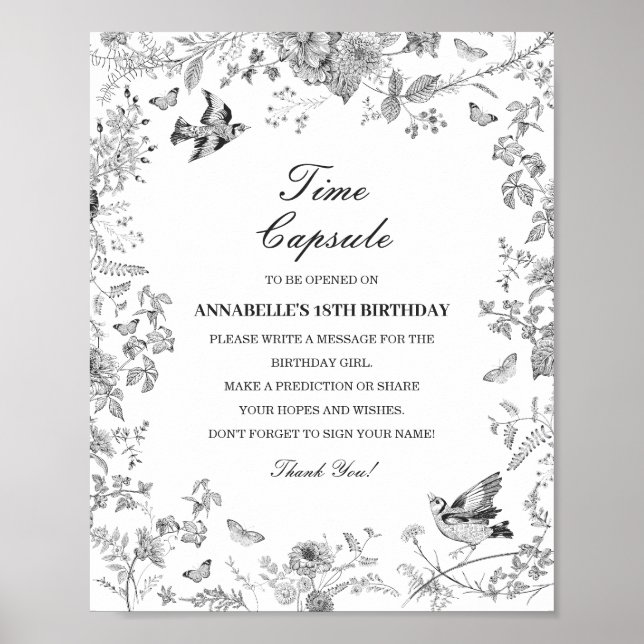 Black Toile Floral Time Capsule Baby Birthday Game Poster (Framsidan)