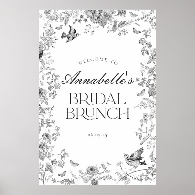Black Toile Jouy Blommigt Möhippa Brunch Välkomstt Poster (Framsidan)