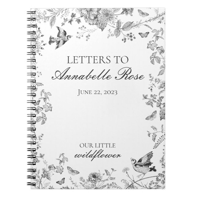 Black Toile Jouy Floral Letters to Birthday Girl Anteckningsbok (Framsidan)