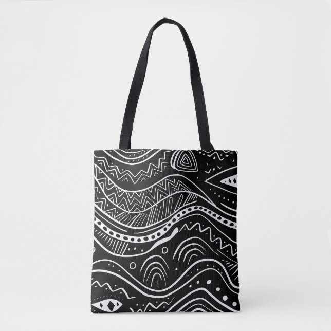 Black Tote Bag med Abstrakt White Mönster Tygkasse (Framsida)