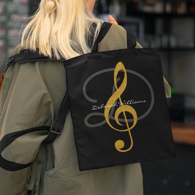 Black Tote Bag med hennes namn och treble clef Tygkasse (music style)