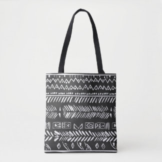 Black Tote Bag med White Tribal Geometric Mönster Tygkasse
