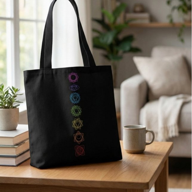 Black Tote Bag with Colorful Seven Chakra Symbols Tygkasse (Skapare uppladdad)
