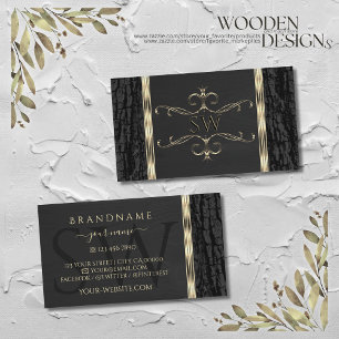 Black Träd Bark Grain Guld Ornate Gräns Monogram Visitkort