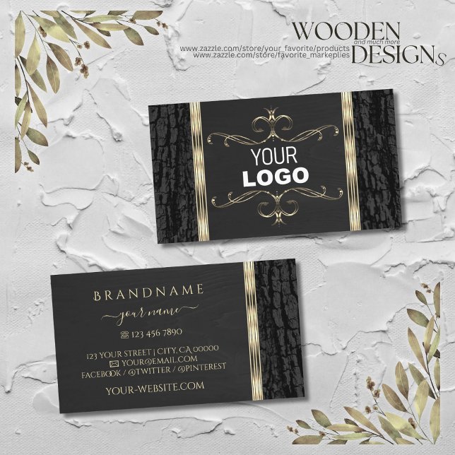 Black Träd Bark Wood Grain Guld Ornate Gräns Logot Visitkort (Skapare uppladdad)