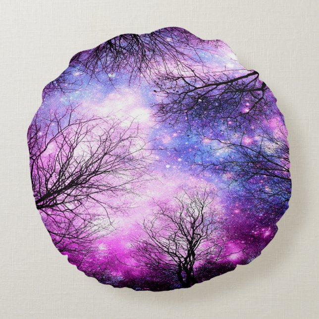 Black Träd Fuchsia Violet Space Pillow Rund Kudde (Baksidan)