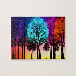 Black Träd med Neon Löv och Sunset Background Pussel