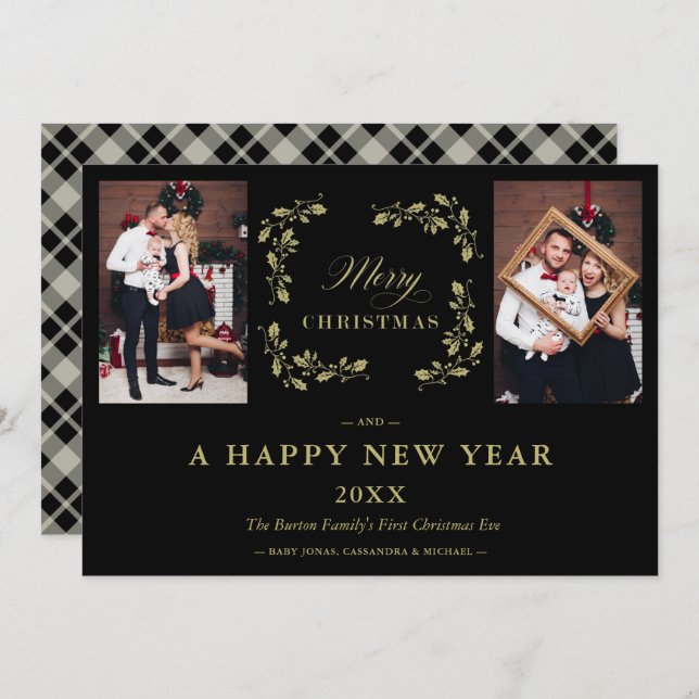 Black Trend Elegant Chic jul 2-fotofamilj Julkort (Fram/baksida)