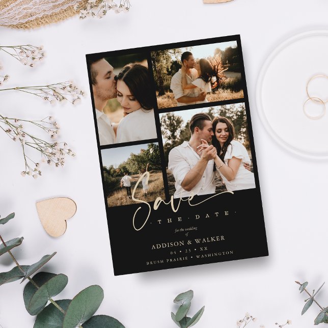 Black Trendig Collage Bröllop Spara Date 4 Foton (Skapare uppladdad)