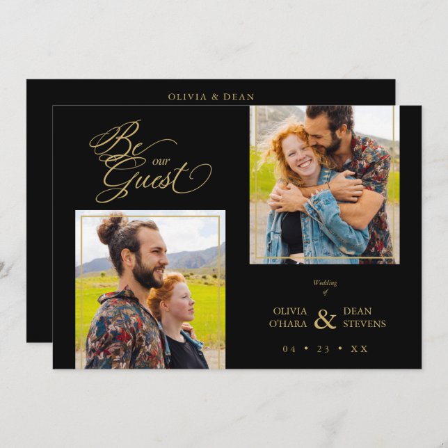 Black Trendy 2 Photos Fake Golden Inbjudningar (Fram/baksida)