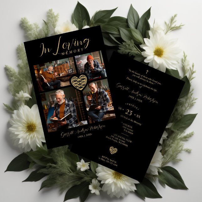 Black Trendy Collage 4 Photos Modern Heart  Inbjudningar (Black Trendy Collage 4 Photos Modern Heart for Funeral or Celebration of Life Invitation card.)