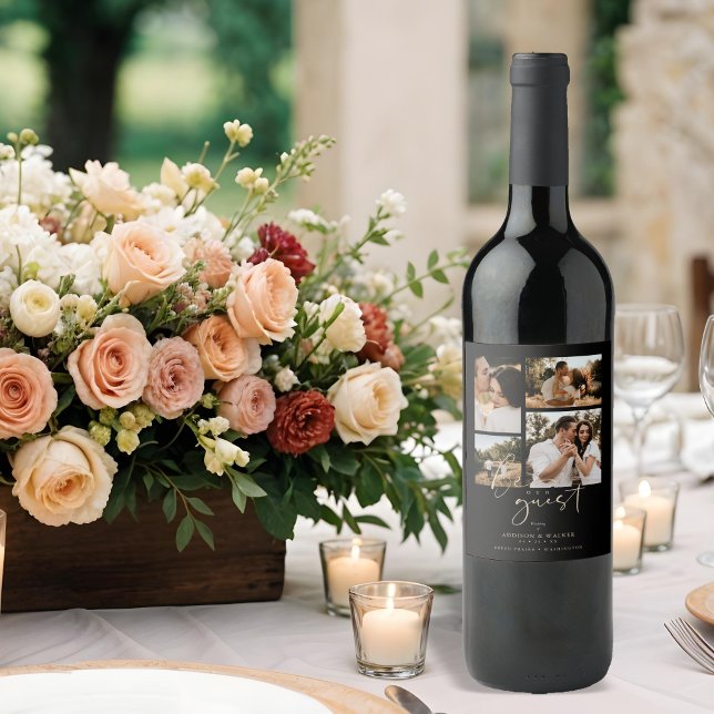 Black Trendy Collage Wedding 4 Photos Vinflaska Etikett (Non-traditional Black Trendy Collage Wedding 4 Photos Save the Date as a Wine Label.)
