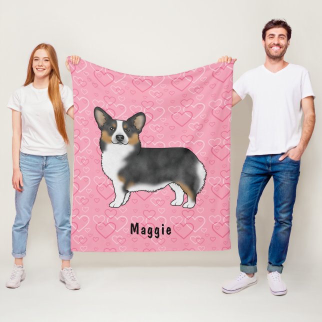 Black Tri Pembroke Welsh Corgi Hearts med Namn Fleecefilt (På plats)
