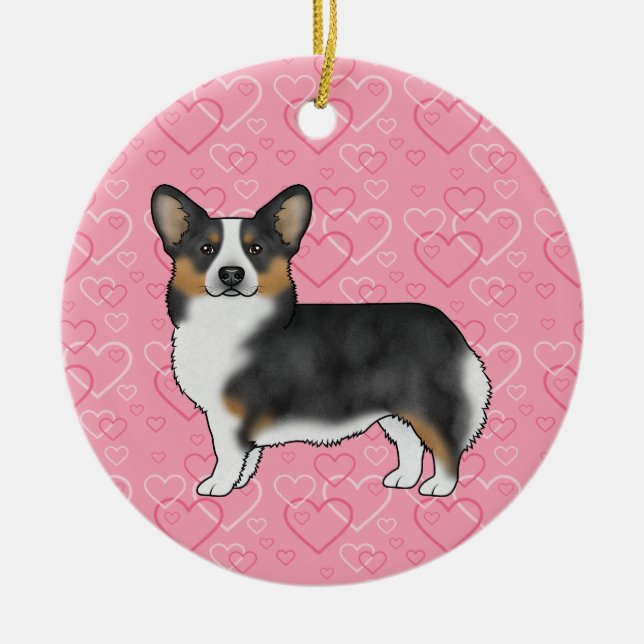 Black Tri Pembroke Welsh Corgi Hearts med Namn Julgransprydnad Keramik (Framsidan)