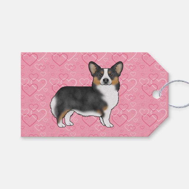 Black Tri Pembroke Welsh Corgi Kärlek Hearts Rosa Presentetikett (Framsidan (Horisontell))