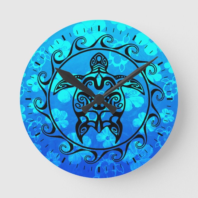 Black Tribal Turtle Rund Klocka (Framsida)