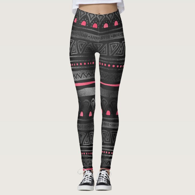 Black Tribal-utskrift med Rosa accenter Leggings (Framsida)