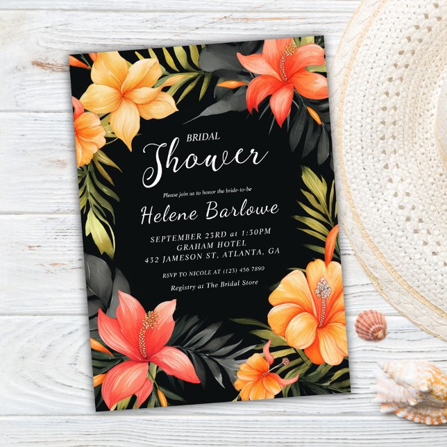 Black Tropical Bröllop Möhippa Inbjudningar (Black Tropical Wedding Bridal Shower Invitation)