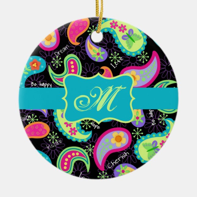 Black Turcos Modern Paisley Mönster Monogram Julgransprydnad Keramik (Framsidan)