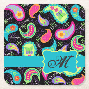 Black Turcos Monogram Personlig Mod Paisley Underlägg Papper Kvadrat