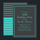 Black Turquoise Striped 40th Birthday Party Inbjudningar<br><div class="desc">Make a bold and elegant statement with this sophisticated milestone birthday invitation, featuring a deep charcoal background accented by vibrant aqua typography. A sleek double-line border frames the design, while the combination of flowing script lettering and clean serif text creates a modern yet timeless look. Perfect for celebrating a woman’s...</div>