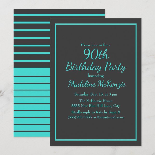 Black Turquoise Striped 90th Birthday Party Inbjudningar (Fram/baksida)