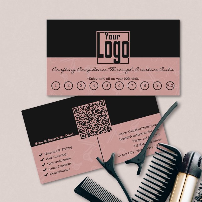 Black & Tuscany Rosa Hair Salon Logotyp QR-kod Lojalitetskort (Black & Tuscany Pink Hair Salon Logo QR Code Loyalty Card)