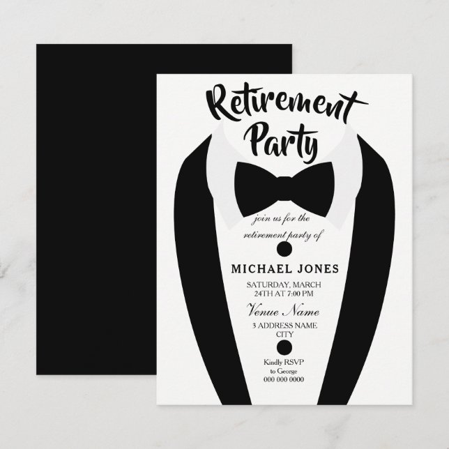 Black Tuxedo Bow Tie Pension Party Inbjudan (Fram/baksida)