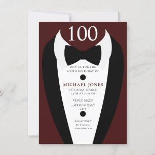 Black Tuxedo Burgundy 100 Födelsedagsfest Inbjudan