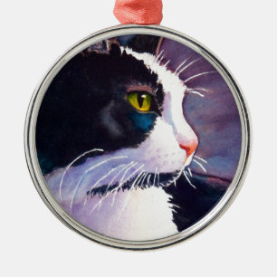 Black Tuxedo Cat in Stormy Mood Julgransprydnad Metall