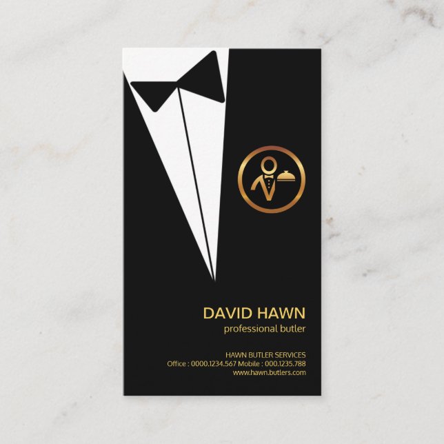 Black Tuxedo Guld Boutonniere Butlers Logotyp Visitkort (Framsida)