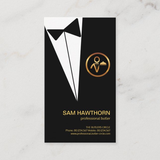 Black Tuxedo Guld Butler Boutonniere Butler Visitkort (Framsida)