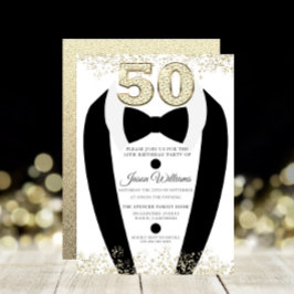 Black Tuxedo Kostym Guld Manar 50:e Födelsedagsfes Inbjudningar