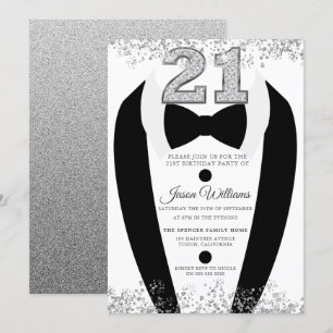 Black Tuxedo Kostym Silver Manar 21:a födelsedagen Inbjudningar