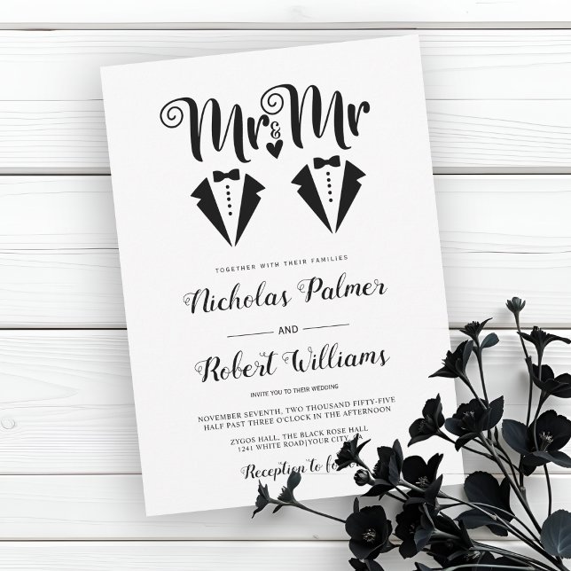 Black tuxedo Mr and Mr two grooms gay wedding Inbjudningar (Skapare uppladdad)