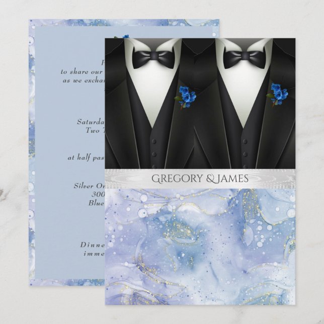 Black Tuxedos Blue Boutonniere Bröllop Inbjudningar (Fram/baksida)