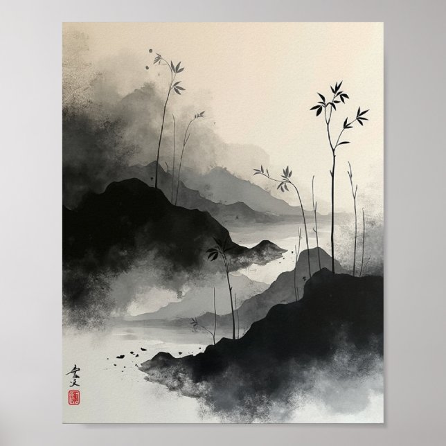Bläck Tvättar Abstrakt Wall Art med Sumi-E-streck Poster (Framsidan)