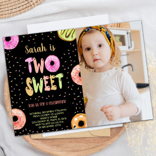 Black Two Sweet Pastel Photo Donut Birthday Inbjudningar