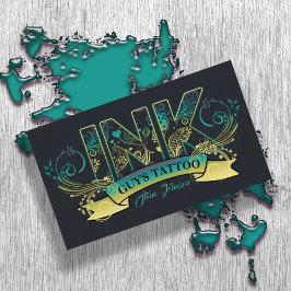 Bläck Typografi Tatto Artist Teal/Gult ID815 Visitkort
