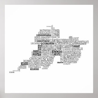 Black Typografiska Karta i County Clare, Irland Poster