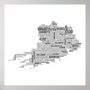 Black Typografiska Karta i County Kork, Irland Poster
